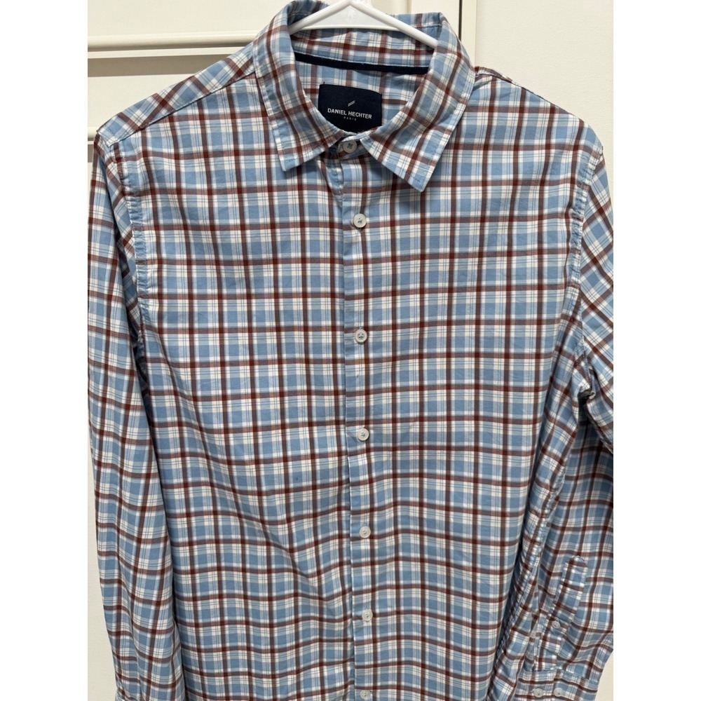 Daniel Hechter Paris Mens Medium Blue Brown Plaid Long Sleeve Button Down Shirt